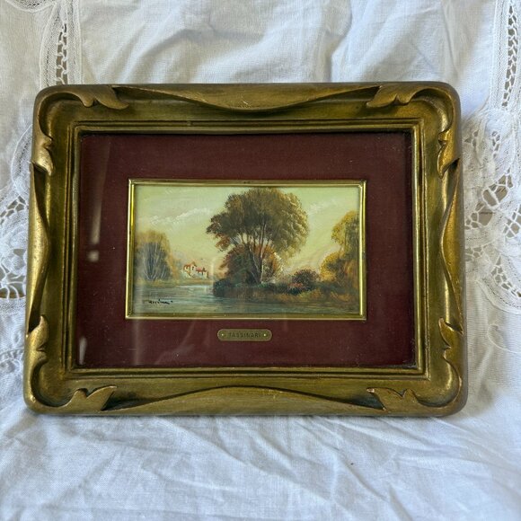 Vintage Oil Painting River Landscape with Country House Italian Artist Tassinari